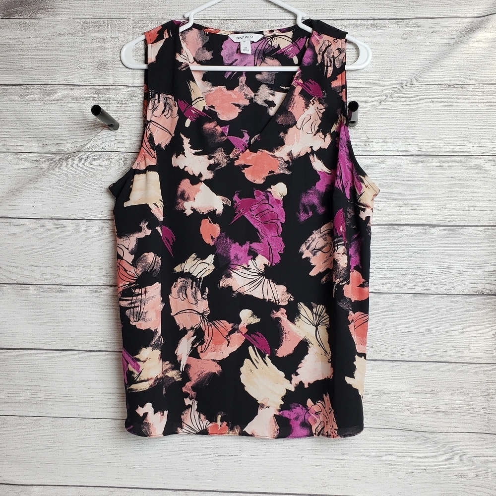 Nine‎ West Purple Coral Black Floral Sleeveless Top Womens XL